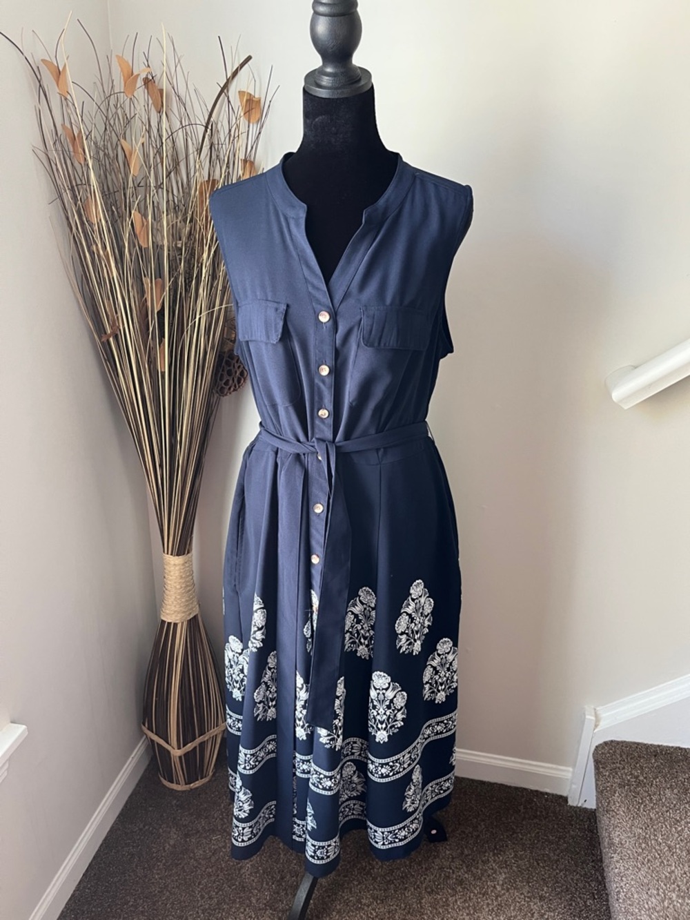 croft & barrow Navy Sleeveless Button-Front Midi Dress with White Border Print
